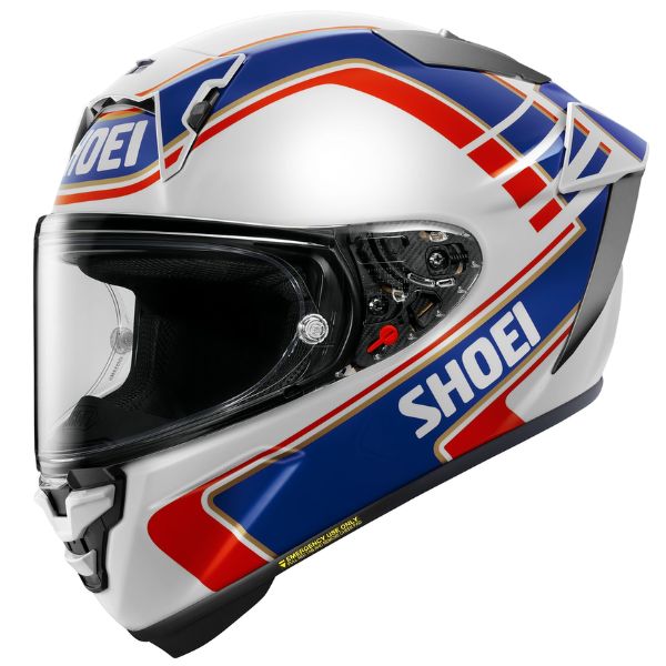 White-background studio image of Shoei FA25 XFifteen Gardner helmet TC2 1, showing front presentation, fabric texture, and printed graphics