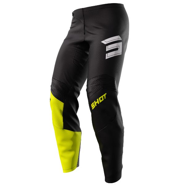 Left side view of Shot Race Gear Draw Squad Pants neon yellow—light 600D build, spandex stretch; men’s MX. (Shown; variant may differ). Size 34, SKU A07-11D1-A01-34.