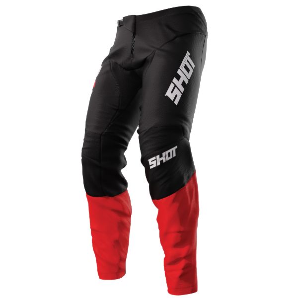Left side of Shot Race Gear Reflex Pants red—lightweight 600D build with stretch zones and leather heat guards. Sizes 28–42. SKU A08-11C1-A01-34.