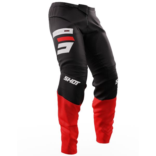 Right side of Shot Race Gear Reflex Pants red—lightweight 600D build with stretch zones and leather heat guards. Sizes 28–42. SKU A08-11C1-A01-34.