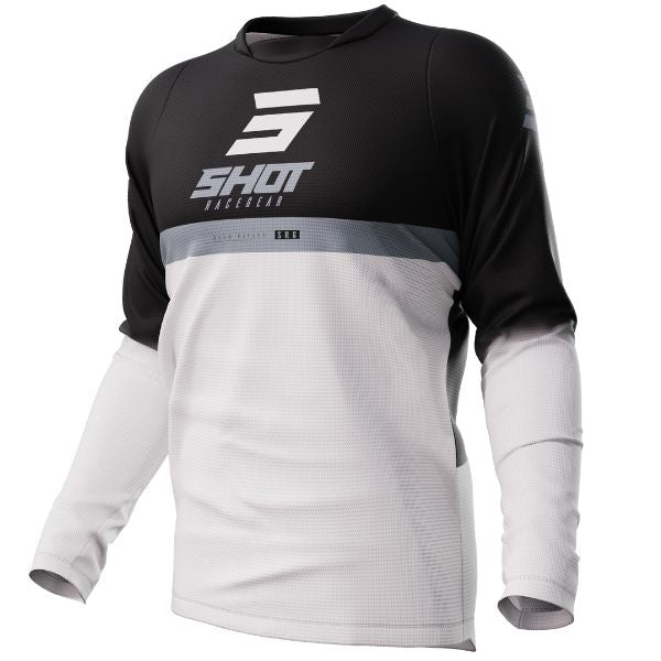 Front view of Shot Race Gear Reflex Jersey black—anatomic cut, Lycra collar, mesh cuffs, drop-tail back, vented wrist panel. Sizes S–3XL. SKU A08-12C1-A01-08.