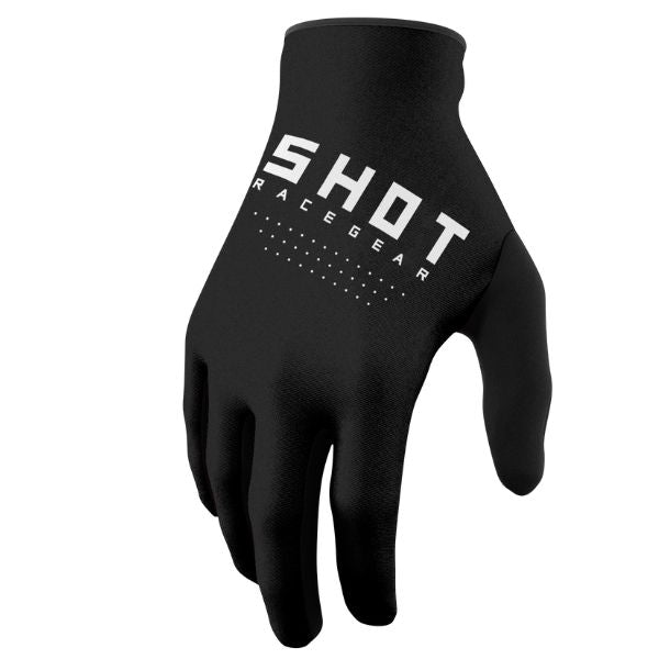 Shot Race Gear Raw Gloves in black—anatomic lightweight fit, reinforced thumb, Lycra finger gussets, silicone palm/finger grip, adjustable Velcro wrist. Sizes S–3XL. SKU A08-13D1-D01-08.