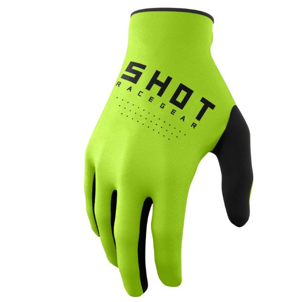 Shot Race Gear Raw Gloves in green—anatomic fit for off-road control; silicone grip and Lycra gussets. Sizes S–3XL. SKU A08-13D1-D08-10.