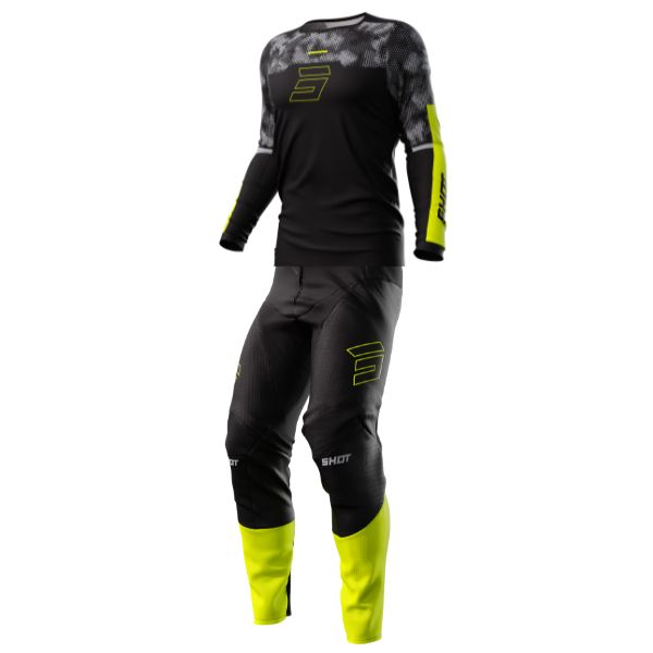 Shot Race Gear Contact Patrol jersey & pants combo in black/yellow—vented MX set; pairs well with Shot Lite Gloves; men’s.