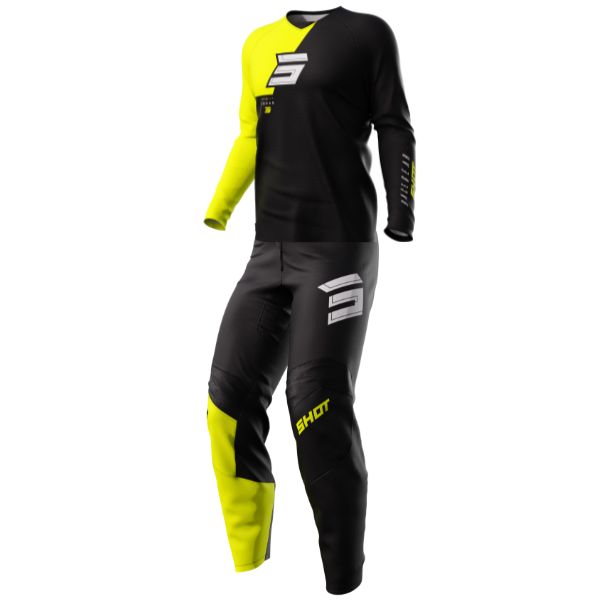 Shot Race Gear Draw Squad jersey & pants combo in neon yellow—vented off-road set optimized for airflow; men’s.