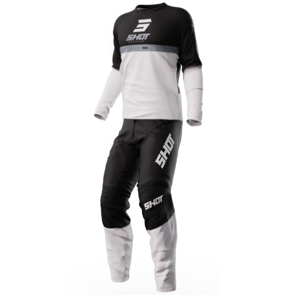 Shot Race Gear Reflex jersey & pants combo in black—vented jersey plus 600D stretch pants with leather heat panels; off-road MX set for men.