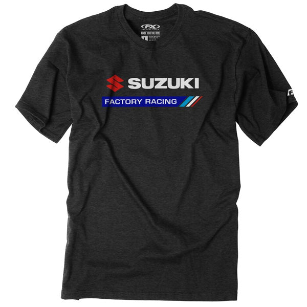 Studio photo on a white background of Factory Effex Suzuki Factory Racing T-Shirt; showing tee fit, printed graphics, and crew neckline; SKU 22-874
