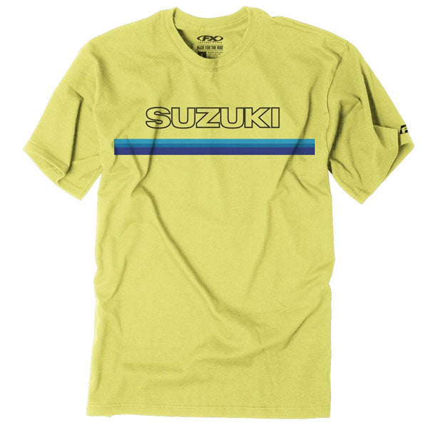 Crisp studio image on a white background of Factory Effex Suzuki Throwback T-Shirt; showing tee fit, printed graphics, and crew neckline; SKU 23-874