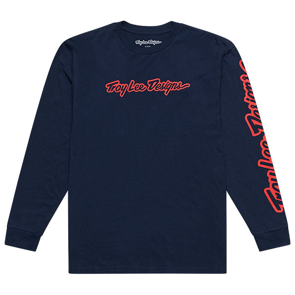 Professional studio photo of Troy Lee Designs Signature Long Sleeve Tee; showing long-sleeve cut, printed graphics, and crew neckline; SKU 7299170