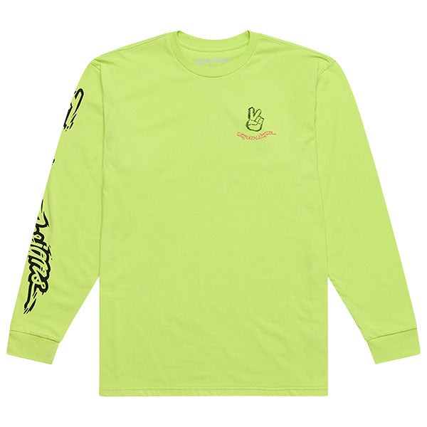 Clean studio shot of Troy Lee Designs Peace Out Long Sleeve Tee; showing long-sleeve cut, printed graphics, and crew neckline; SKU 7295730; Sizes: S-2XL
