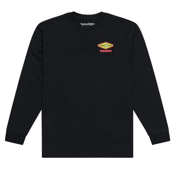 Professional studio photo of Troy Lee Designs Overload Long Sleeve Tee; showing long-sleeve cut, printed graphics, and crew neckline; SKU 7292520