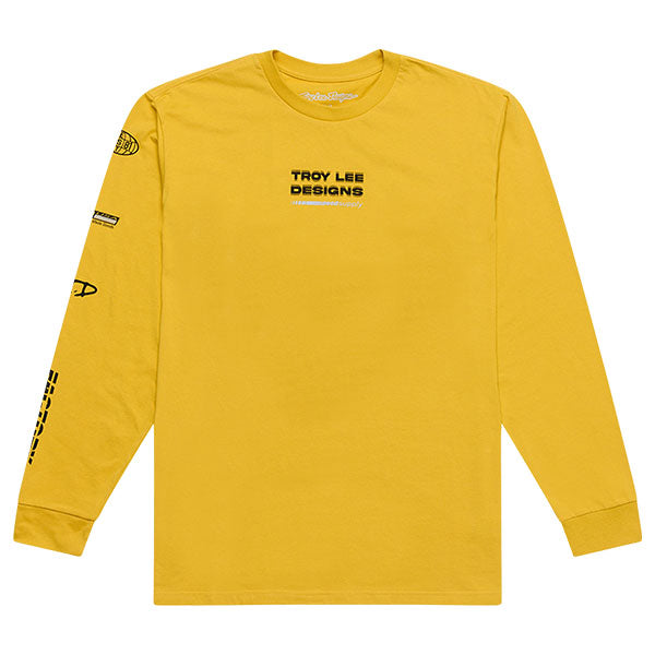 Professional studio photo of Troy Lee Designs Factory Long Sleeve Tee; showing long-sleeve cut, printed graphics, and crew neckline; SKU 7298180