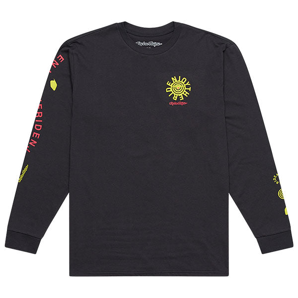 Professional studio photo of Troy Lee Designs Enjoy Long Sleeve Tee; showing long-sleeve cut, printed graphics, and crew neckline; SKU 7297280