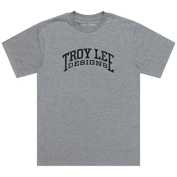 High-resolution studio image of Troy Lee Designs Scholar Tee; showing tee fit, printed graphics, and crew neckline; SKU 7017650; Sizes: S-2XL