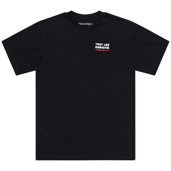 Professional studio photo of Troy Lee Designs Factory Tee; showing tee fit, printed graphics, and crew neckline; SKU 7018180; Colors: White, Black