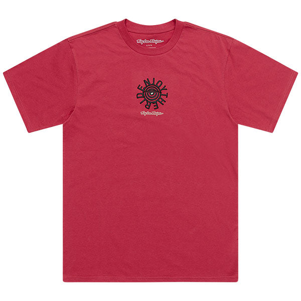 Professional studio photo of Troy Lee Designs Enjoy Tee; showing tee fit, printed graphics, and crew neckline; SKU 7017280; Colors: Fuchsia, Carbon