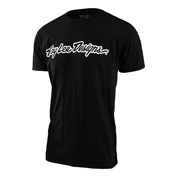 High-resolution studio image of Troy Lee Designs Signature SS Tee; showing tee fit, printed graphics, and crew neckline; SKU 7015650; Sizes: S-2XL