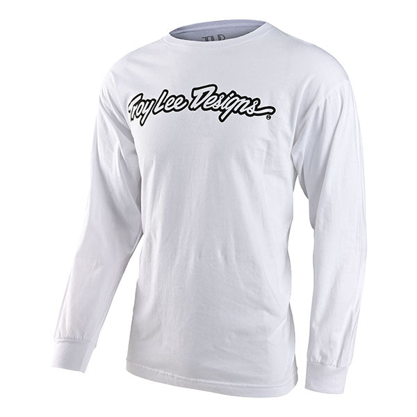 High-resolution studio image of Troy Lee Designs Signature Long Sleeve Tee; showing long-sleeve cut, printed graphics, and crew neckline; SKU 7295650