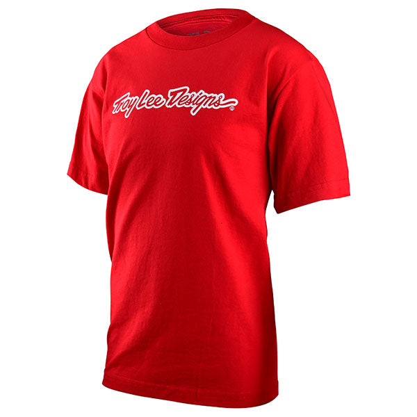 Crisp studio image on a white background of Troy Lee Designs Signature Tee (Youth); showing tee fit, printed graphics, and crew neckline; SKU 724807002