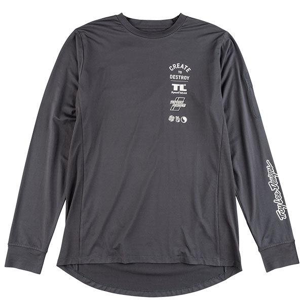 Crisp studio image on a white background of Troy Lee Designs Ruckus Destroy Long Sleeve Ride Tee (MTB); SKU 3711040; Colors: Carbon; Sizes: S-2XL