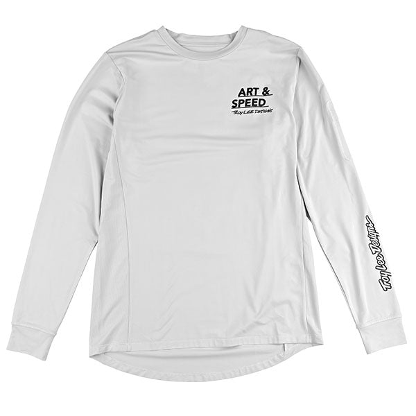Crisp studio image on a white background of Troy Lee Designs Ruckus Art and Speed Long Sleeve Ride Tee (MTB); SKU 3710040; Colors: Mist; Sizes: S-2XL