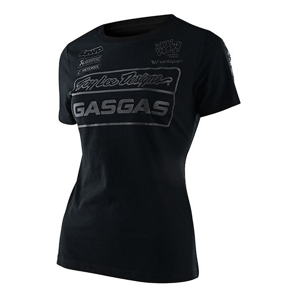 Clean studio shot of Troy Lee Designs GasGas Team Tee (Womens); showing tee fit, printed graphics, and crew neckline; SKU 7535990; Colors: SM, MD, LG, XL