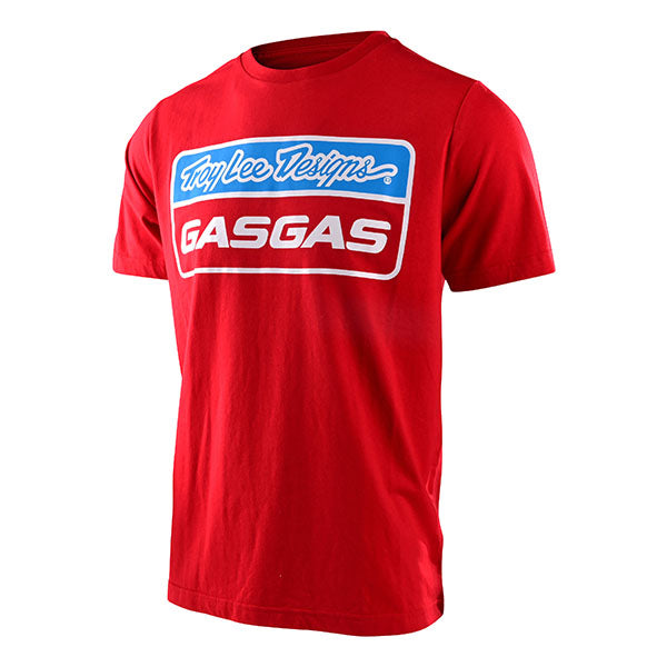 High-resolution studio image of Troy Lee Designs GasGas Team Stock Tee; showing tee fit, printed graphics, and crew neckline; SKU 7016000; Colors: Red