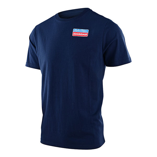 High-resolution studio image of Troy Lee Designs GasGas Team Core Tee; showing tee fit, printed graphics, and crew neckline; SKU 7015980; Sizes: NAVY