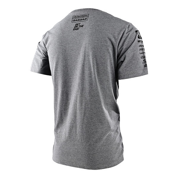 Studio photo on a white background of Troy Lee Designs GasGas Team Tee; showing tee fit, printed graphics, and crew neckline; SKU 7015990; Sizes: S-2XL