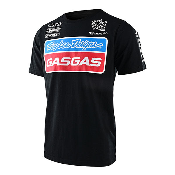 High-resolution studio image of Troy Lee Designs GasGas Team Tee; showing tee fit, printed graphics, and crew neckline; SKU 7015990; Sizes: S-2XL