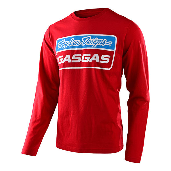 Clean studio shot of Troy Lee Designs GasGas Team Long Sleeve Tee; showing long-sleeve cut, printed graphics, and crew neckline; SKU 729600002