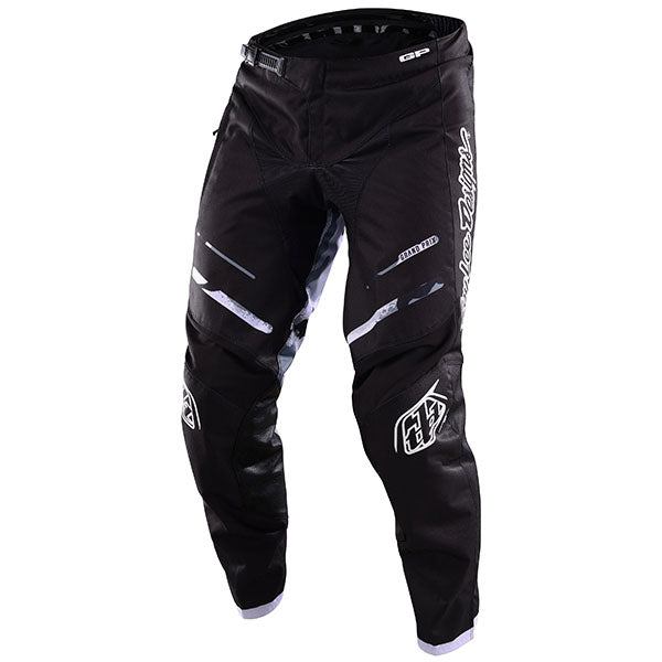 Troy Lee Designs GP Pro Blends Pant, black with white and red graphics, featuring reinforced leather knee panels and a mid-rise waist.