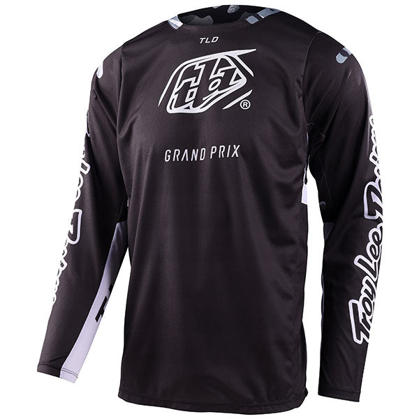 Black long-sleeve shirt with white branding and text on a white background