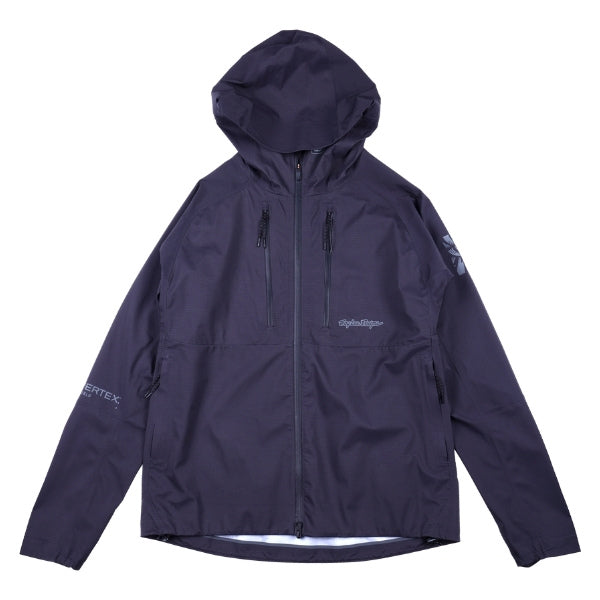 Troy Lee Designs Resist Pro Mono mountain bike jacket in Carbon, front view showing the hood, full zipper, and color-blocked panels
