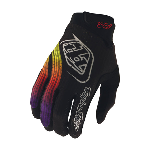 Clean studio shot of Troy Lee Designs - Air Stripes Gloves; showing stitching detail and grip areas; SKU 4462600; Colors: Black/Multi, Infra Red/Black