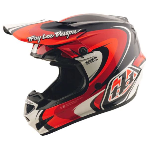 Clean studio shot of Troy Lee Designs - GP Pro Crossover MIPS Helmet (Youth); showing helmet shell shape and vent layout; SKU 1047690; Colors: Black/Red
