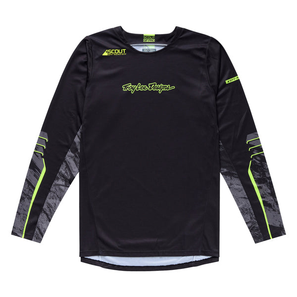 Clean studio shot of Troy Lee Designs - Scout GP Pro Slab Jersey; showing fabric texture, panel layout, and graphics; SKU 3918660; Colors: Black, Timber