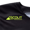 Close-up of the upper chest of the black Troy Lee Designs Scout GP Pro jersey, featuring the vibrant neon yellow 