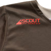 Close-up of the upper chest of the Troy Lee Designs Scout GP Pro jersey in brown, with a raised red 