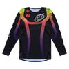 A full front view of the Troy Lee Designs SE Pro Stripes jersey in a black and multi-color pattern, with a white 