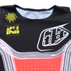A close-up of the collar area of the Troy Lee Designs SE Pro Stripes jersey, showing the round neck with a black 