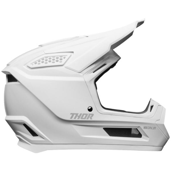 Studio view of Thor - Fleet Whiteout Helmet (Youth) helmet helmet, in Matte White, vented chin bar and intake ports, on a clean white background, (SKU 011116) Colors: Matte White Sizes: Y-LG, Y-MD, Y-SM