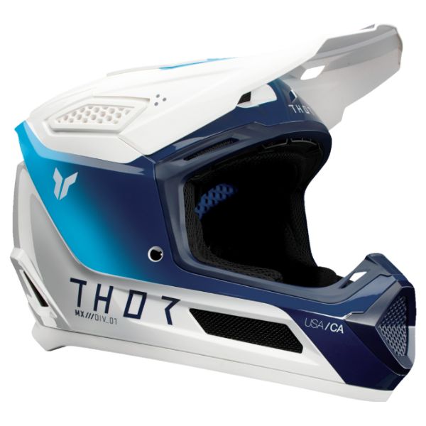 Studio view of Thor - Fleet Storm Helmet (Youth) helmet helmet, in White and Navy, vented chin bar and intake ports, on a clean white background, (SKU 011116) Colors: Black and White, White and Navy Sizes: Y-LG, Y-MD, Y-SM