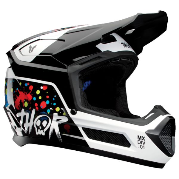 Studio view of Thor Thor - Fleet Splat Helmet (Youth) helmet, in Multi, vented chin bar and intake ports, on a clean white background, for motocross / off-road use, (SKU 011116) Colors: Multi Sizes: Y-LG, Y-MD, Y-SM