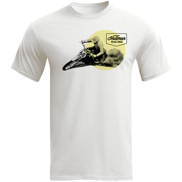 High-resolution studio image of Thor Hallman Throwback Tee; showing tee fit, printed graphics, and crew neckline; SKU 3030226; Colors: White