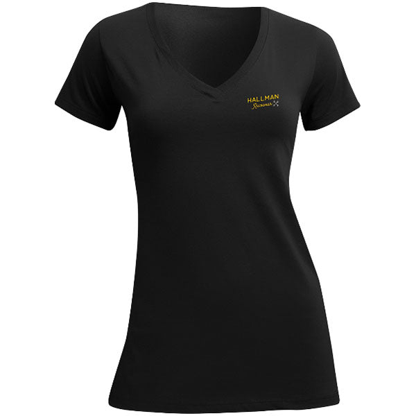 Professional studio photo of Thor Hallman Garage V-Neck (Womens); showing tee fit, printed graphics, and crew neckline; SKU 303141; Colors: Black