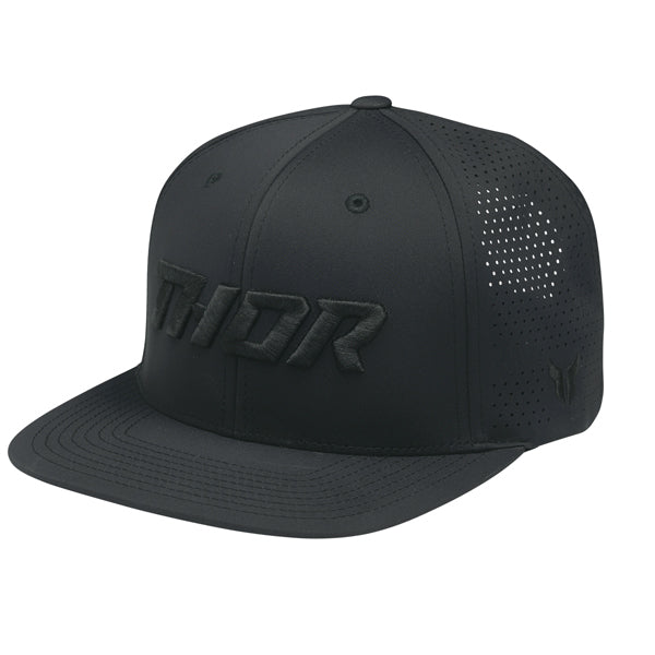The Thor Corp Hat Sku 25014292 in Black with design on Front of hat on a white background