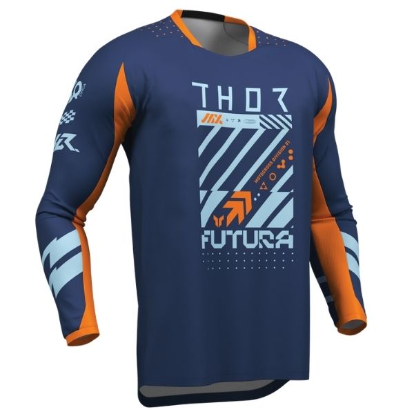 Front of Thor Launchmode Futura Jersey Youth in Navy and Orange with Thor Graphic on center Sku 29122596 on a white background | SKU: 29122596 | Available at BTO Sports