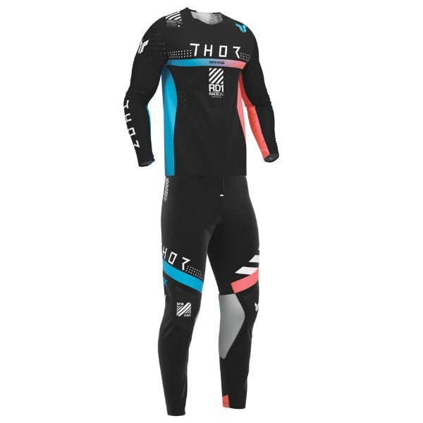 Clean studio shot of Thor - Sportmode Synth Jersey, Pant Combo; showing fabric texture, panel layout, and printed graphics; Colors: Black, Blue, Red, White