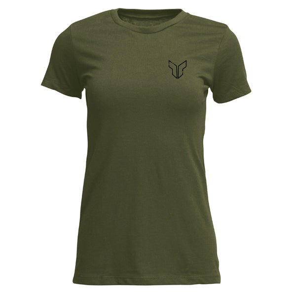 Professional studio photo of Thor Patched Up Tee (Womens); showing tee fit, printed graphics, and crew neckline; SKU 303143; Colors: Military Green